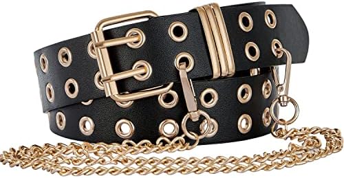 Double Grommet Leather Belt with Detachable Chain