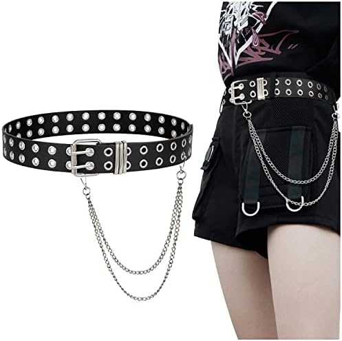Double Grommet Leather Belt with Detachable Chain