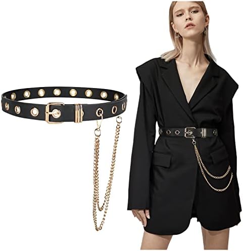 Grommet Leather Belt with Detachable Chain