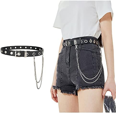 Grommet Leather Belt with Detachable Chain